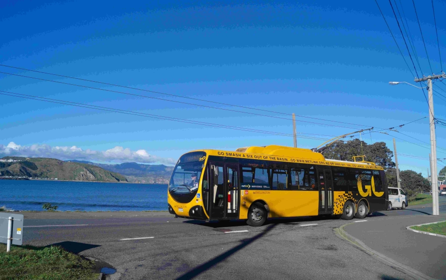 Wellington_trolleybus_380_on_Queens_Drive_with_Lyall_Bay_2015 1 1