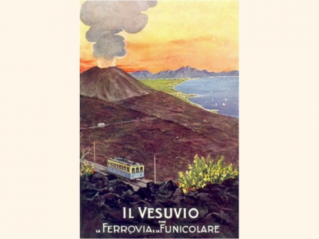 Manifesto pubblicitario d&#039;epoca della tranvia e della funicolare del Vesuvio